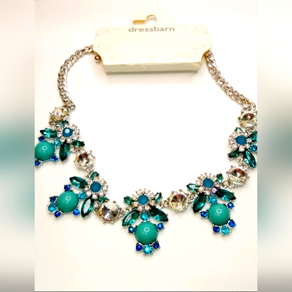 Dressbarn Blue Rhinestone Statement Necklace ~ Silver Tone 20-22"